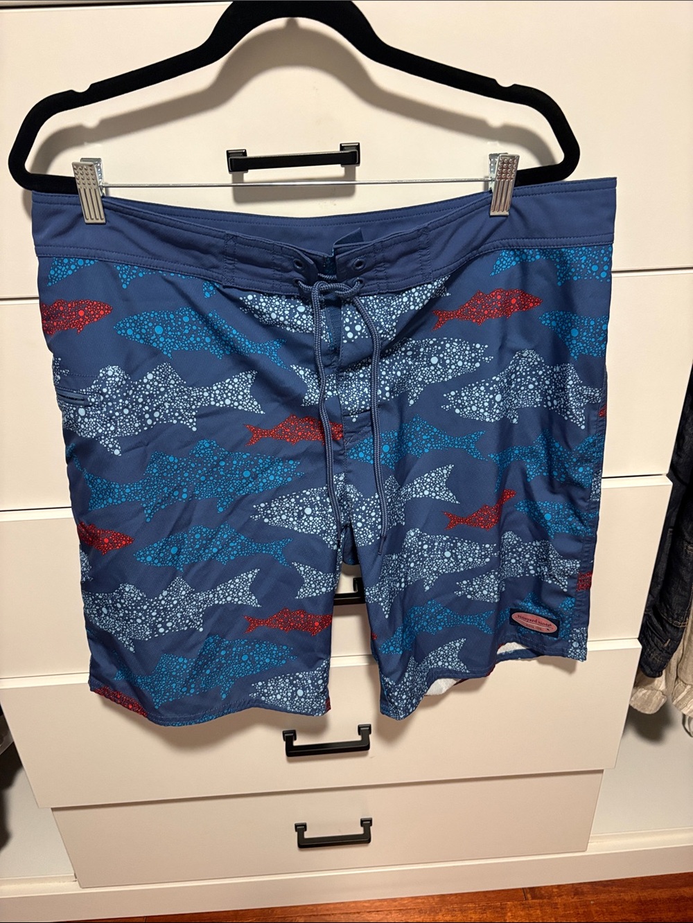 Vineyard Vines Navy Shark-Print Board Shorts with Red & Light Blue Accents